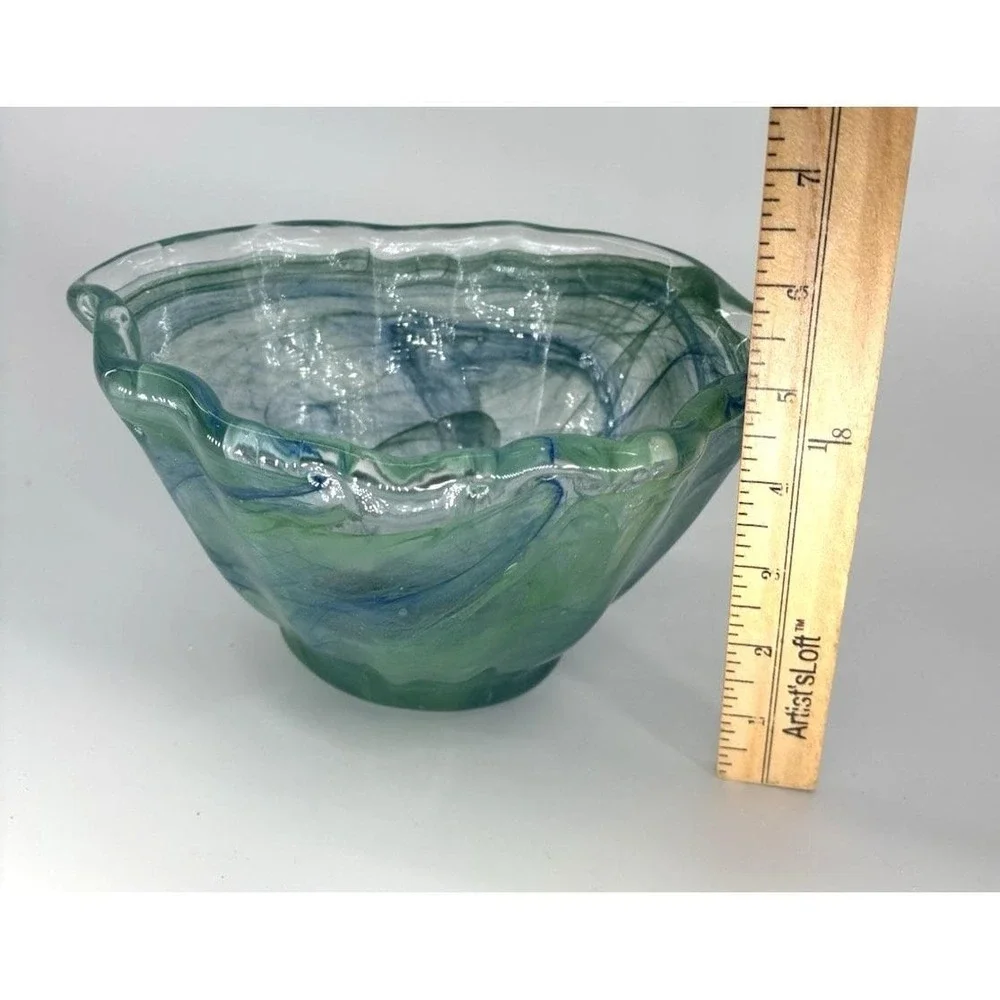 Murano Italy Hand Blown Art Glass Decorative Centerpiece Bowl Blue Green Wavy